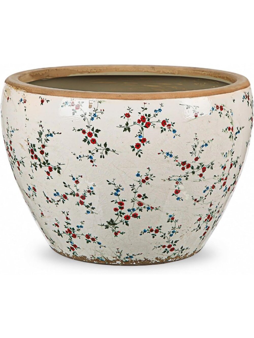 10" Vintage Floral Ceramic Planters - Large Beige Pots with Drainage for